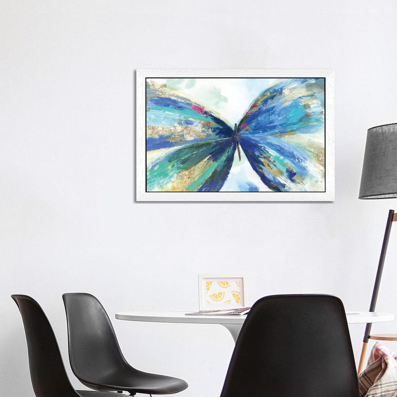 Blue Butterfly by Kelsey Hochstatter - Painting on Canvas, 101.6 cm H x 66.04 cm W, White Floater Framed