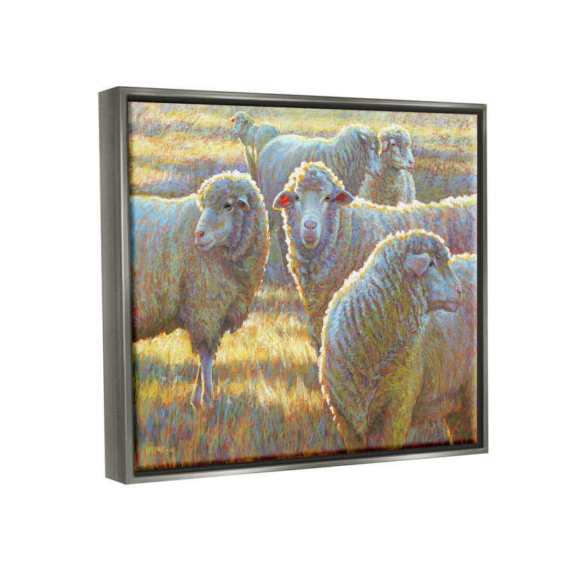 «Sheep Herd Grazing Grassland» par Rita Kirkman - peinture à cadre flottant sur toile, H 17 po x l 21 po x P 1,7 po