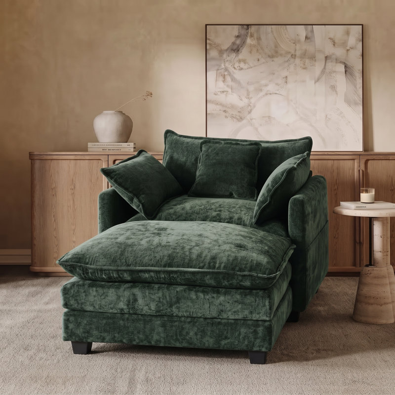 Fauteuil d'appoint surdimensionné en chenille de 102 cm avec repose-pieds, fauteuil lounge à assise profonde, Green Chenille
