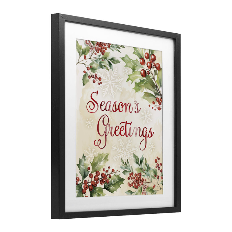 «Season's Greetings», reproduction encadrée sous verre Holly Berries, conception par Nicole DeCamp, H 16 po x l 13 po