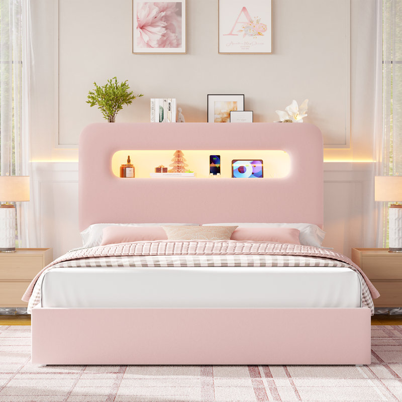 Structure de lit tapissier, lit de rangement avec DEL et station de charge, Grand, Rose
