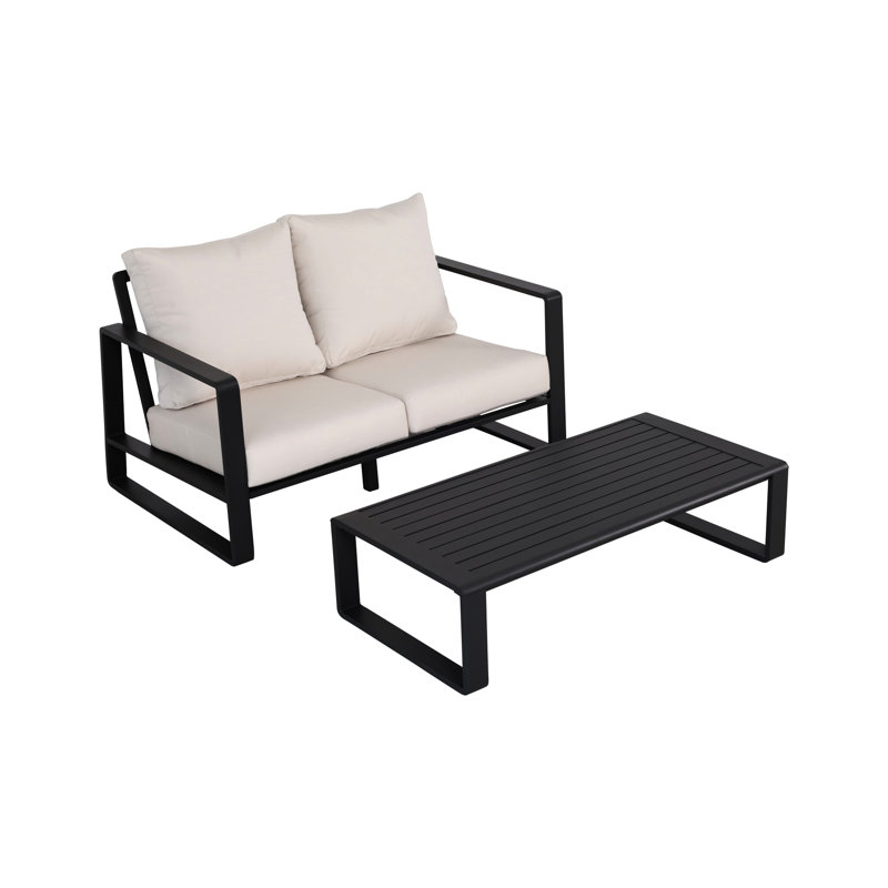 Double avec coussins blanc laiteux no. 5453 et table basse rectangulaire. Aluminium conçu pour une utilisation durable. Articles de table spacieux et durables. Surface divers articles. Rehausser