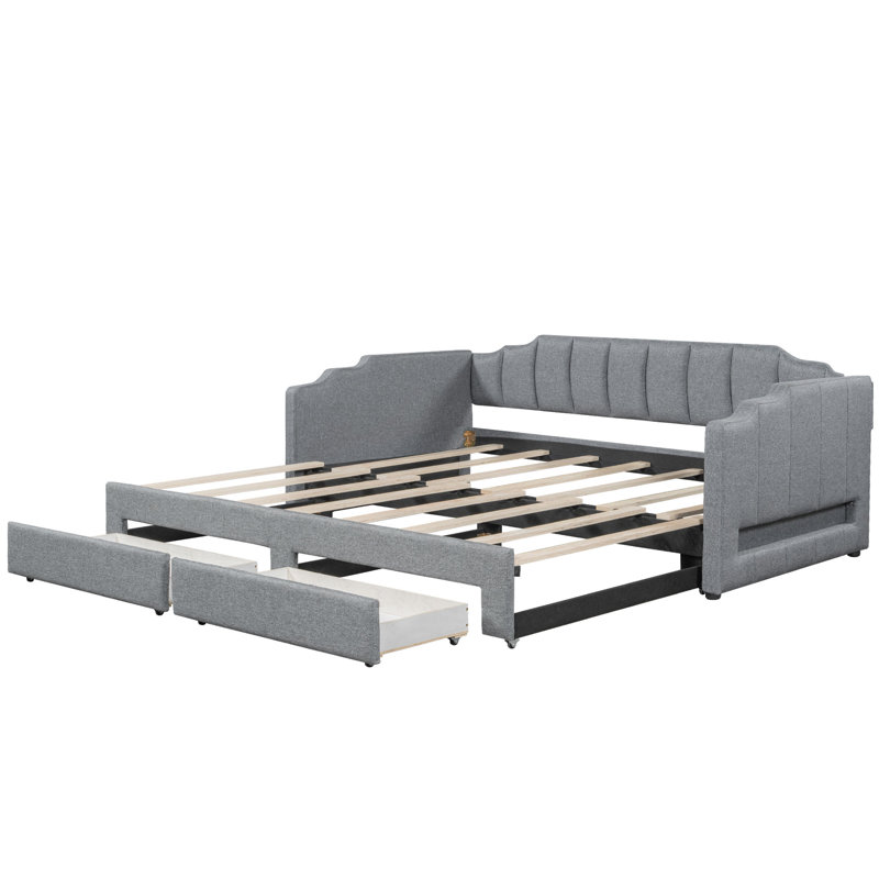 Twin XL to King Extendable Upholstered Daybed with Storage Drawers LED Light, Gray