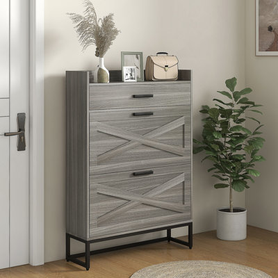 Narrow Shoe Cabinet, Industrial Shoe Storage Cabinet With 2 Flip Drawers, Adjustable Shelves