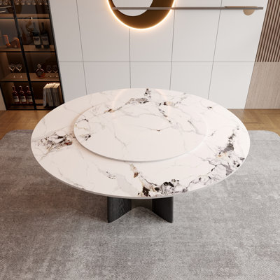 Table de salle à manger 51,2 po pour 4 à 6 personnes avec plateau en pierre frittée, plateau tournant et base en métal