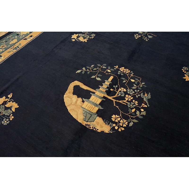 Chinese - Peking Room Size Antique Blue 1920s Wool Rectangle Knotted Rug