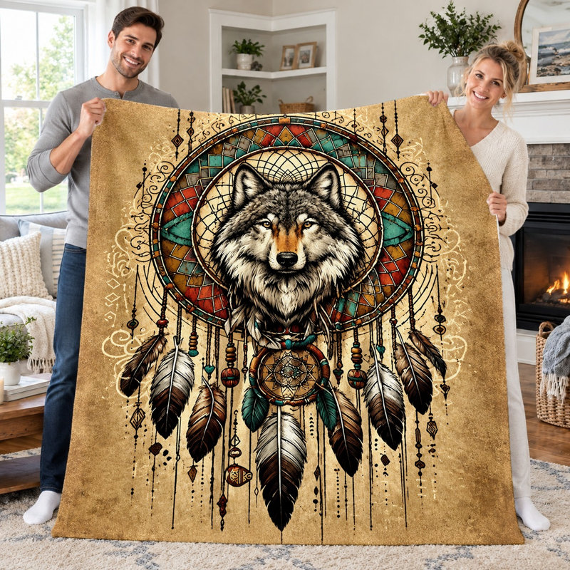 1pc Wolf Dreamcatcher Blanket, Native American Wolf Head Spiritual Symbol Flannel Throw, Super Soft Cozy Lightweight Warm Blanket for Sofa Couch Bed Living Room Dorm Office Travel, Home Decor All‑Season Gift,
