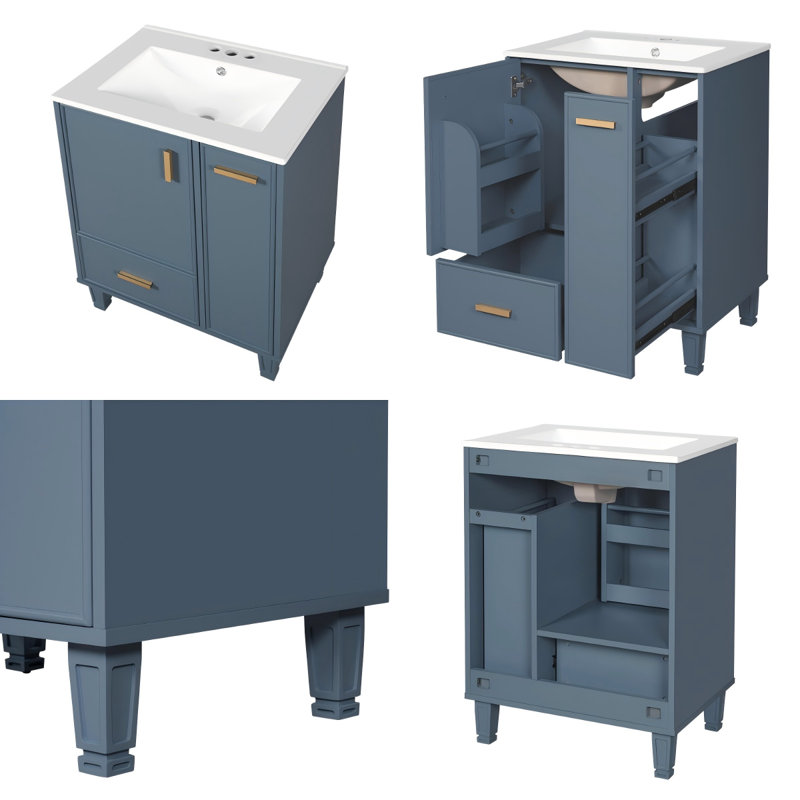 Meuble-lavabo moderne 24 po avec lavabo, armoire de rangement à fermeture en douceur et plateau en céramique pour petits espaces