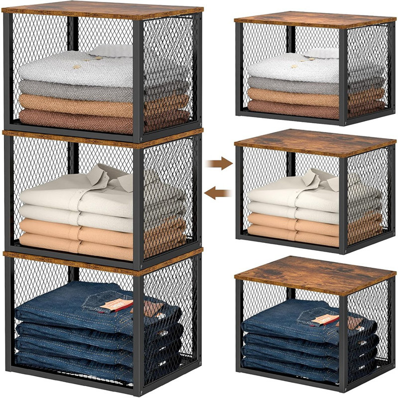Stackable Closet Organizers And Storage Baskets With Wood Top Black