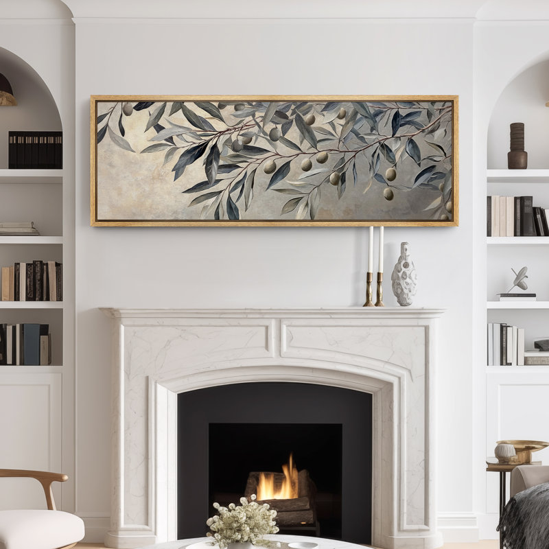 Olive Branch Botanical Large Framed Canvas Print Wall Art - Elegant Neutral Nature Decor, 20" H x 60" W, Natural