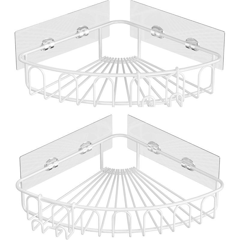 Organisateur de tablettes de salle de bain mural en acier inoxydable avec support à crochets mural sans perçage, Blanc