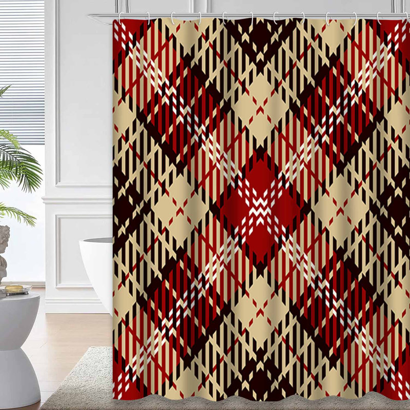 Tartan Red White Black Camel Clear Shower Curtain with 12 Hooks, 72" L x 84" W