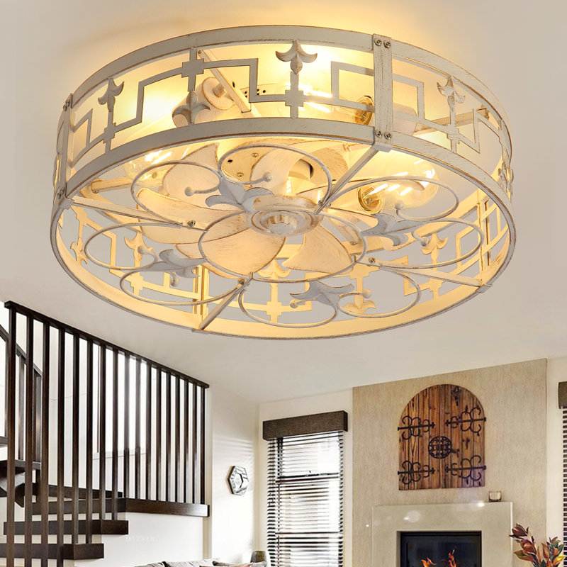 Babson 20" Flush Mount Smart Caged Distressed White Ceiling Fan with Light and Remote Control
