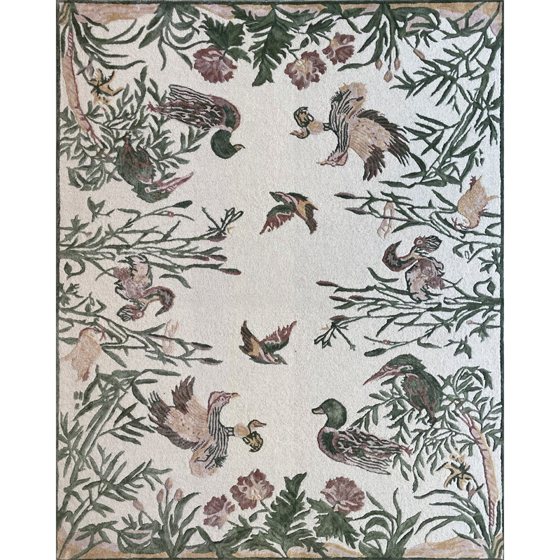 Tapis ivoire / vert / gris / brun noué à la main de haute qualité, Rectangle 8 po x 10 po