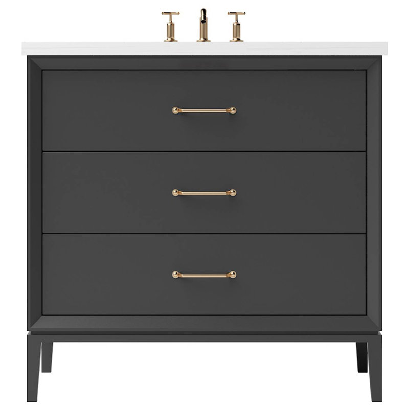 Meuble-lavabo simple à trois tiroirs Alexandra, Noir cassé, 30", Or satiné