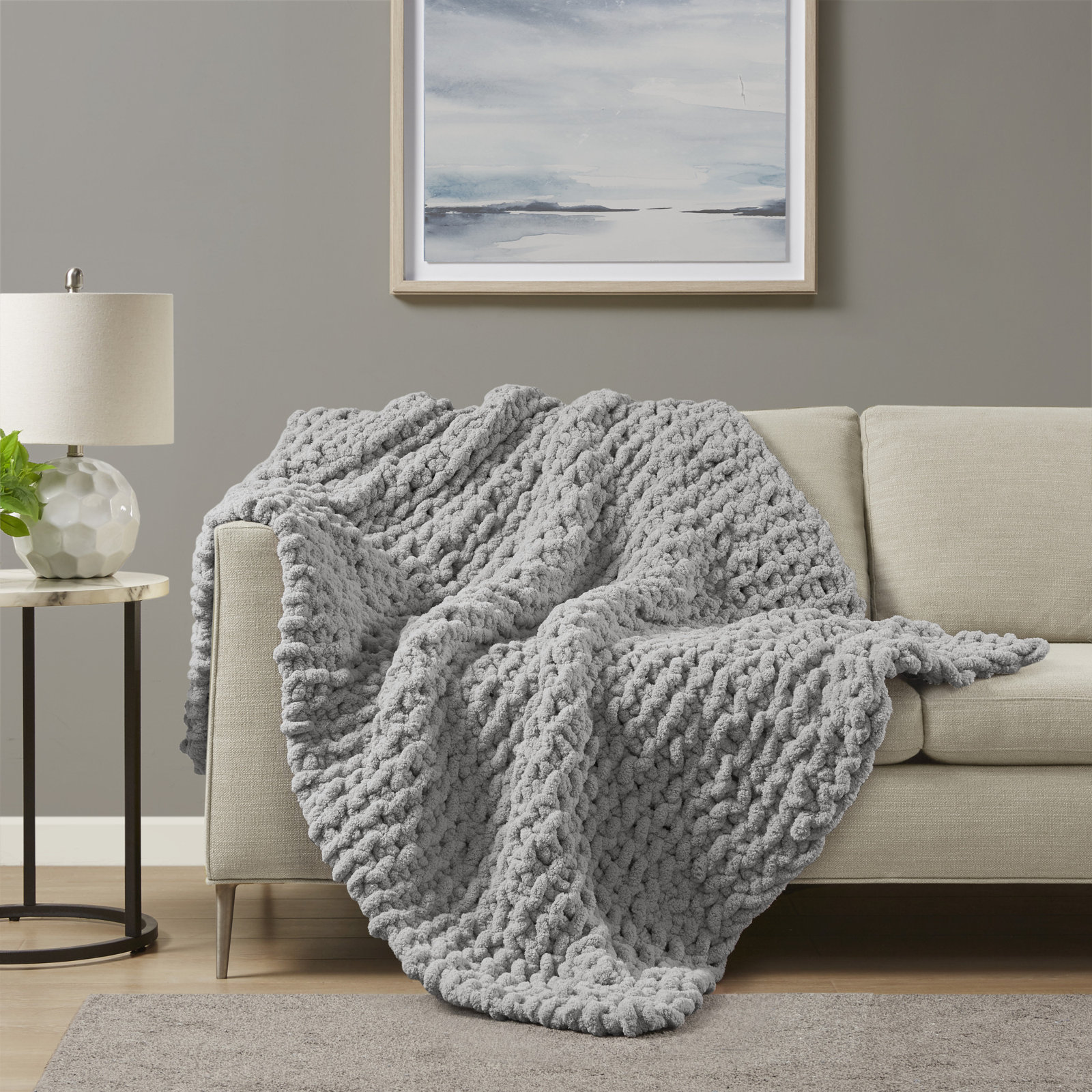 Chenille Chunky Knit Throw Blanket, Gray