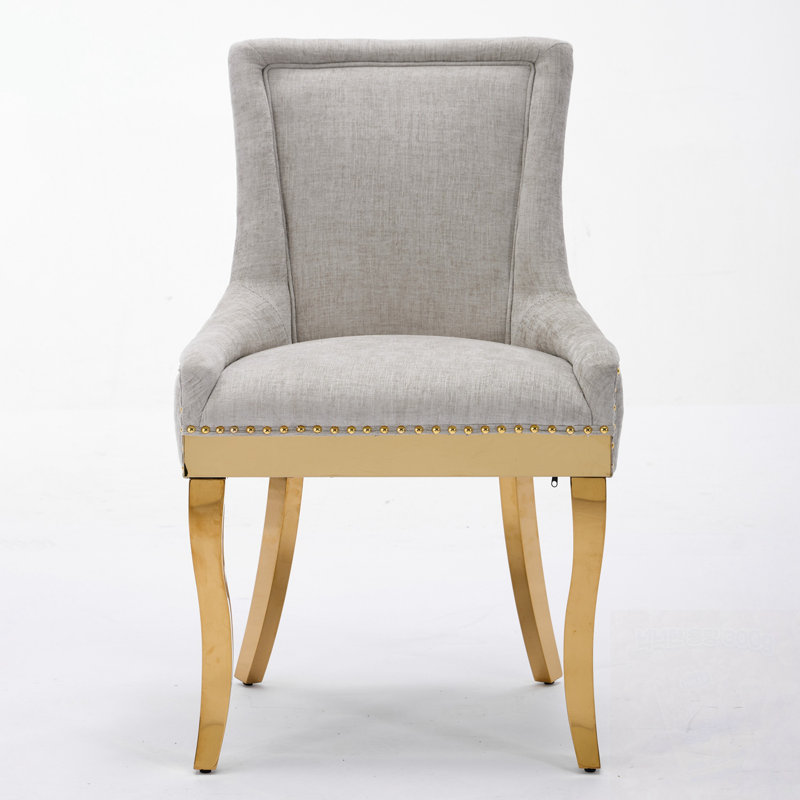 Ensemble de 2 chaises en chenille avec pieds courbés et garniture de rivets, Beige