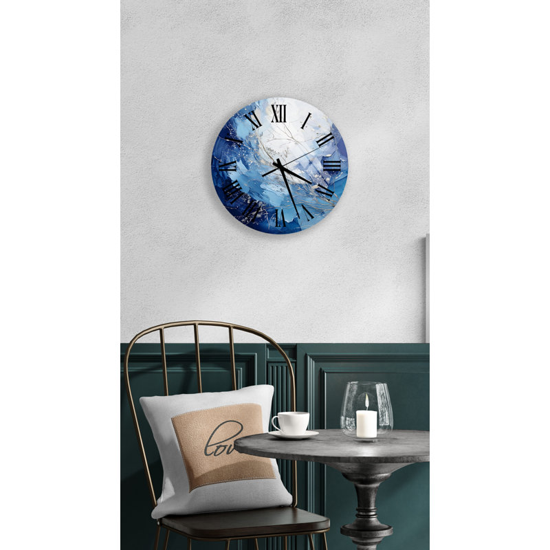 Celestial indigo silent ticking, tempered glass wall clock with black roman numerals - abstract design