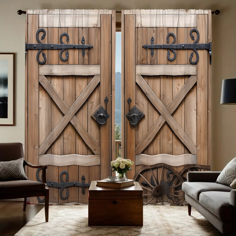 2Pcs Rustic Barn Door Curtains, Wagon Wheel Design, Iron Hinges Pattern, Country Farmhouse Style, Rod Pocket Mount, Digital Printing, Suitable for Living Room, Bedroom, Kitchen, Home Decor