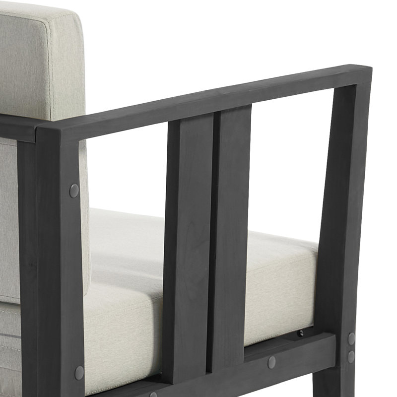 Chaise longue d'extérieur en bois de teck avec coussin et accoudoirs Junco, Chameau clair, Noir