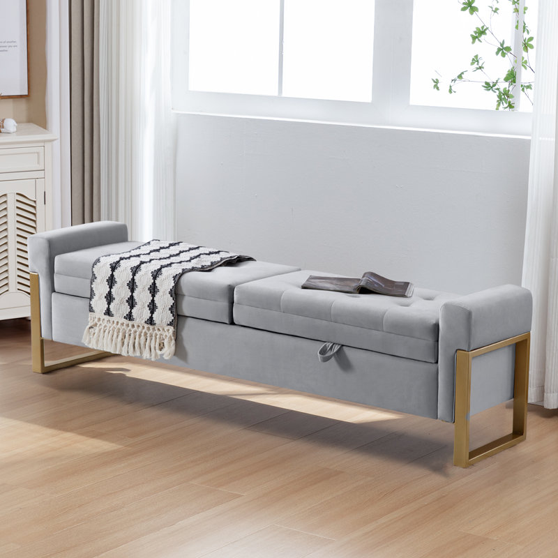Drewes Velvet Storage Bench for Bedroom End of Bed with Double Lids,Gold Legs, Gray