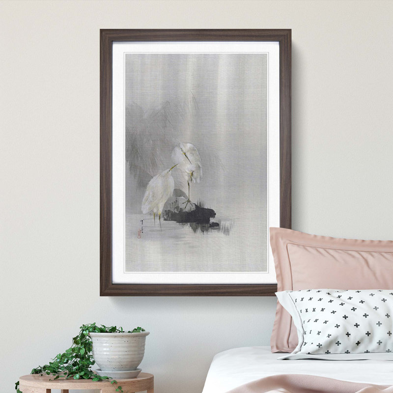 Egrets at the Waters Edge by Watanabe Seitei - Picture Frame Painting Print, 36cm H x 27cm W x 2cm D, Walnut Framed