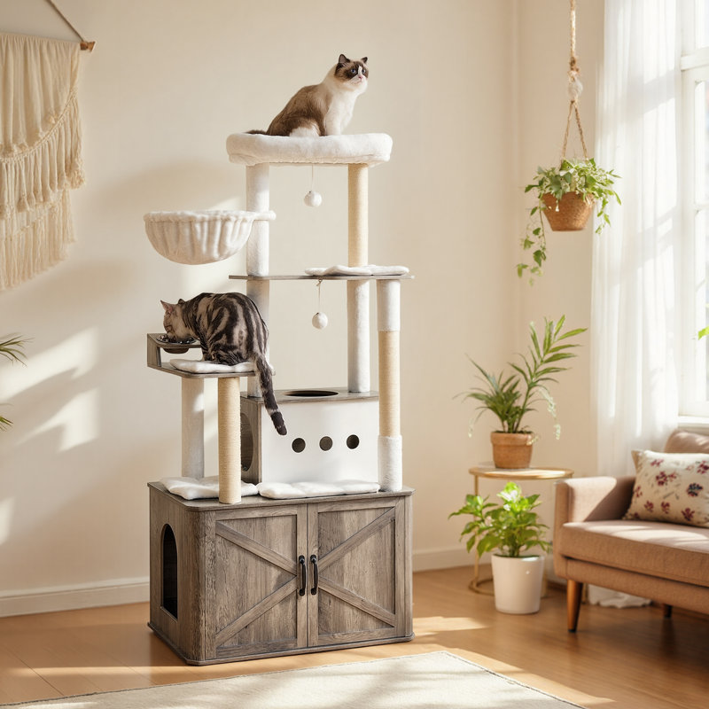 66.9“ Cat Tree with Litter Box Enclosure, Gray