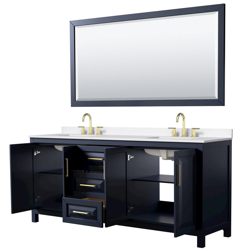 Daria 80 in. with Mirror Vanity, White Quartz, Blue, Brushed Gold