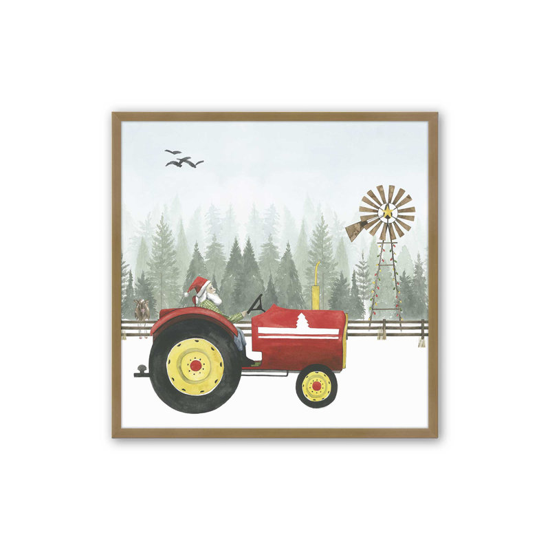 «Santa's Christmas Tractor Ride II», impression, Cadre simple en or brossé, bois massif, H 13,75 po x l 13,75 po