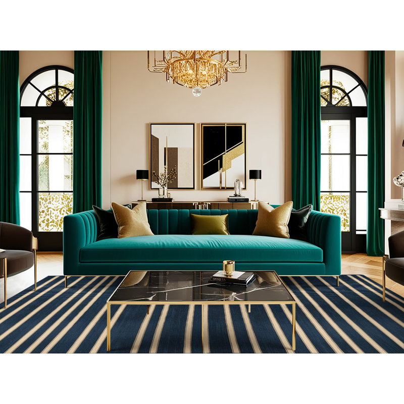 Washable Midnight Blue Cream Striped Area Rug, Rectangle 6' x 9'