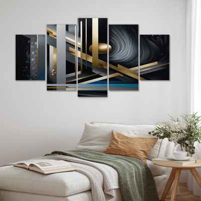 Minimal Tech Blue Gold Core - Geometric Wall Art Canvas 5 Piece