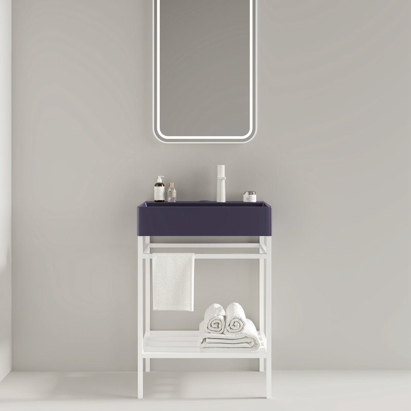 Ensemble de meuble-lavabo autoportant avec lavabo en céramique et console de salle de bain, Mauve, Blanc