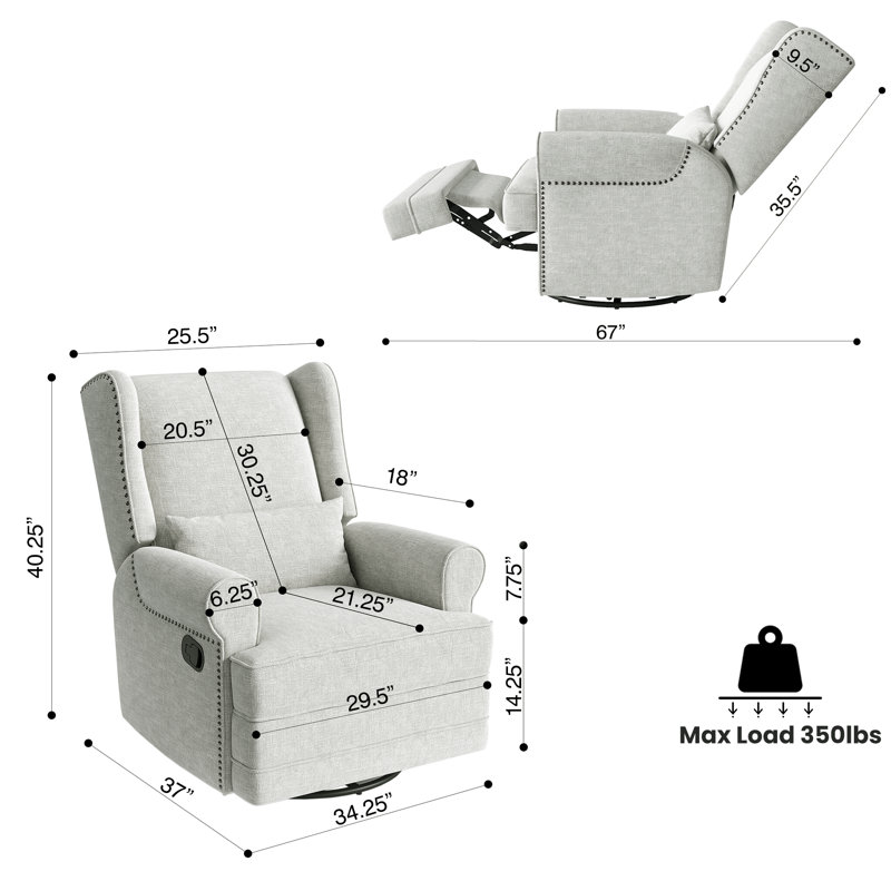 34" Wide Swivel Rocking Nursery Recliner Comfortable Upholstered Glider, Off White Polyester