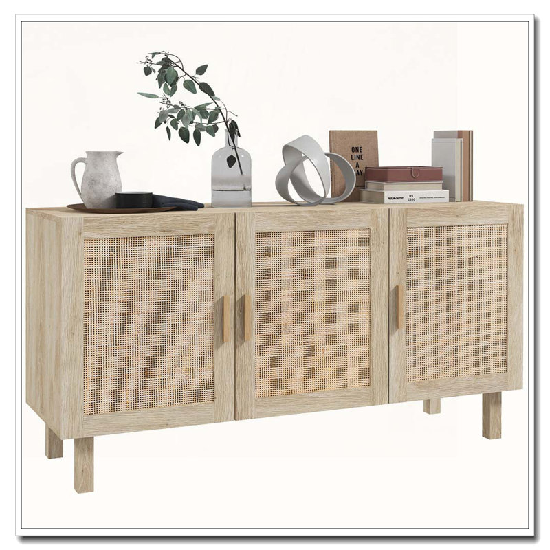 Sideboard Buffet Cabinet Coffee Bar Cabinet with 3 Rattan Doors Adjustable Shelves, Natural