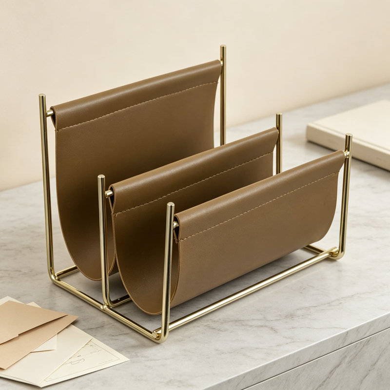 Porte-courrier moderne à deux fentes et trieur de lettres avec structure en métal de couleur laiton et toile en similicuir pour bureau d'entrée ou plateau de table