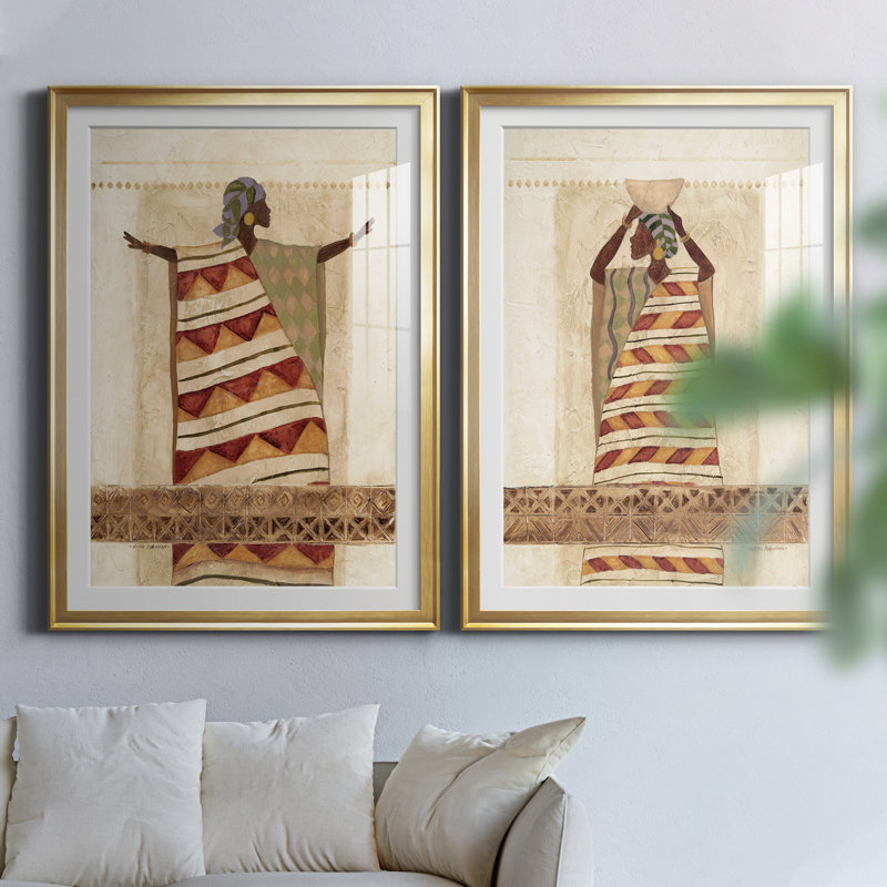 Beauté africaine I - ensemble de 2 reproductions d'art, Blanc, H 26,5 po x l 73 po x P 1,5 po, Papier encadré doré