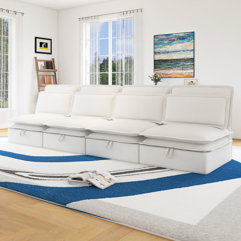 Double-Layer Cushion Modular Sofa, Freely Combinable, 4-Seater With Storage Function, Beige