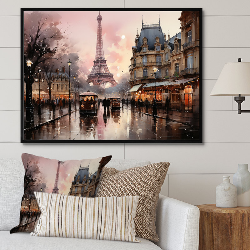 «Pink Twilight Rendezvous In Paris I», art mural de Paris pour le salon, H 24 po x l 32 po, Reproduction avec cadre flottant
