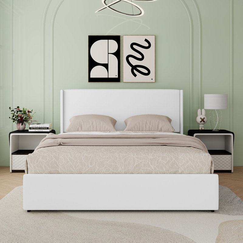 Jaylei 4 Drawers Upholstered Storage Bed with Wingback Headboard, White, Queen