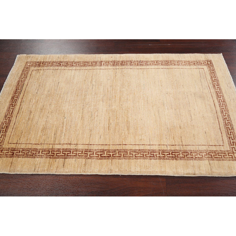Tapis beige en laine noué à la main de conception unique 3 pi 2 po x 5 pi 5 po New Age