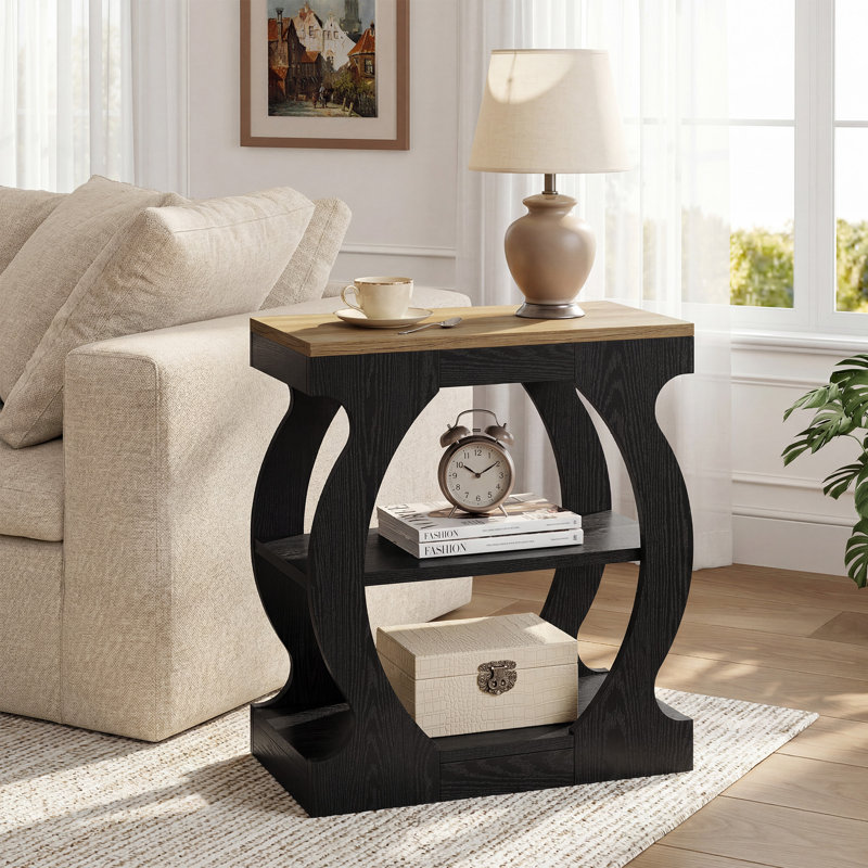 Table d'appoint moderne à 3 niveaux avec structure incurvée, table de bout étroite en bois pour le salon ou les petits espaces, chêne rustique et noir