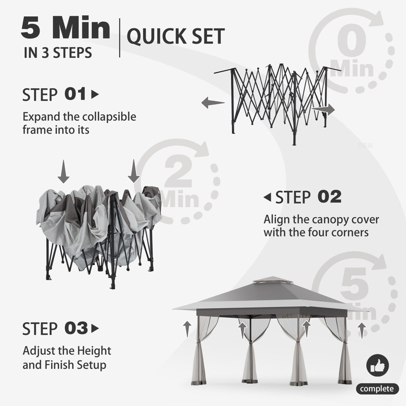 13 Ft. W X 13 Ft. D Metal Pop-up Gazebo With Mosquito Netting, Dark Grey
