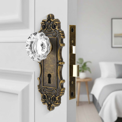 Mortise Lock Set Antique Brass Glass Door Knobs with Skeleton Key Vintage Interior Door Handle Replacement