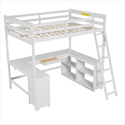 Lit mezzanine avec bureau en U, tiroirs et tablettes de rangement