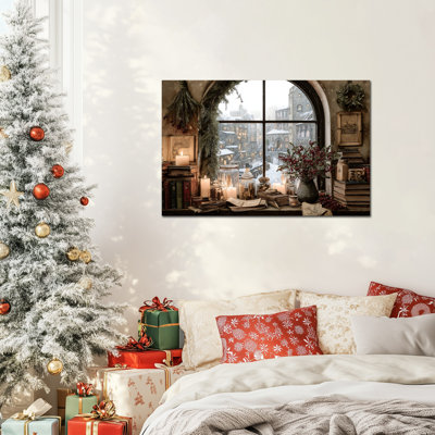 Vintage Christmas Prints - Winter Scene, art mural sur toile pour le salon, décoration murale de Noël pour la salle à manger, impression sur toile tendue avec cadre des Fêtes, 20 po x 30 po