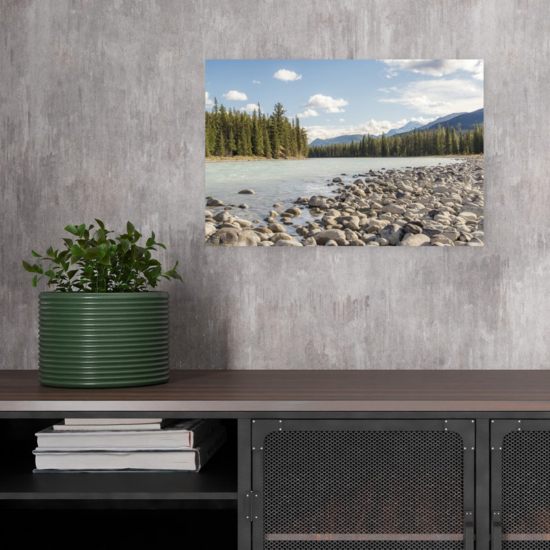 Serene Mountain River Shore Peaceful Serene Tranquil Forest Landscape Wall Art Print 1 Piece Wrapped Canvas Wall Art