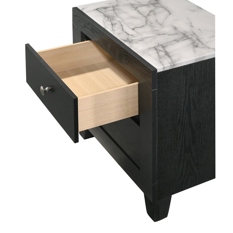 Table de chevet contemporaine unique en son genre avec plateau en faux marbre et deux tiroirs, idéale pour la décoration de chambre à coucher et les besoins de rangement.