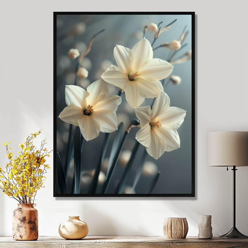 Jonquilles monochromes grises et blanches Photo I - Décoration murale jonquilles, Cadre flottant noir, H 30 po x l 40 po