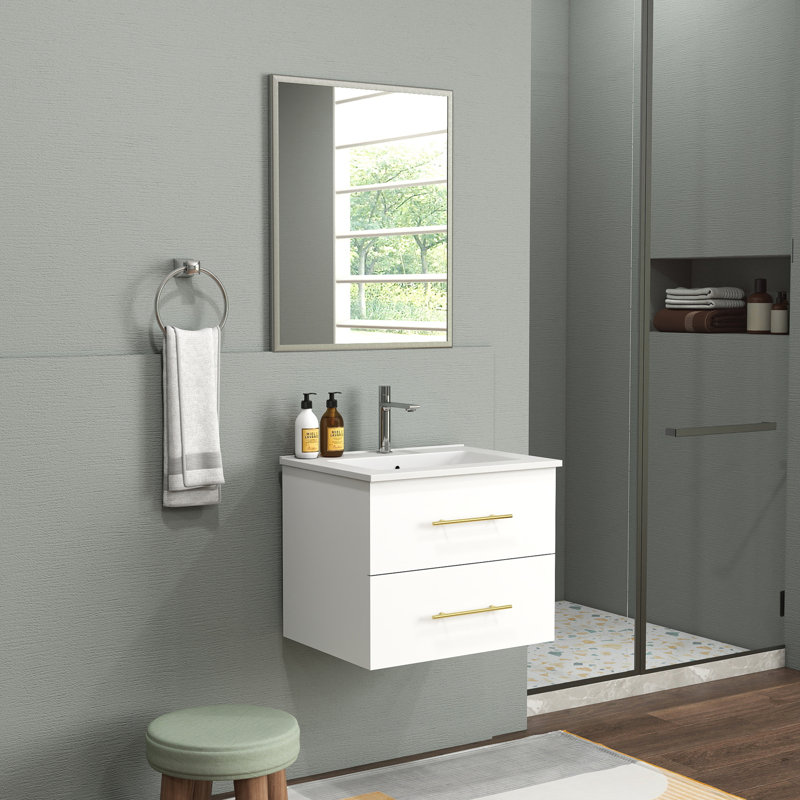 Ensemble de meuble-lavabo mural moderne avec lavabo et miroir, Blanc lustré