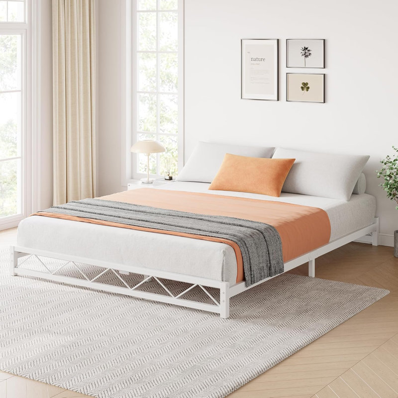 Structure de lit plateforme en métal, aucun sommier requis, Grand lit, White